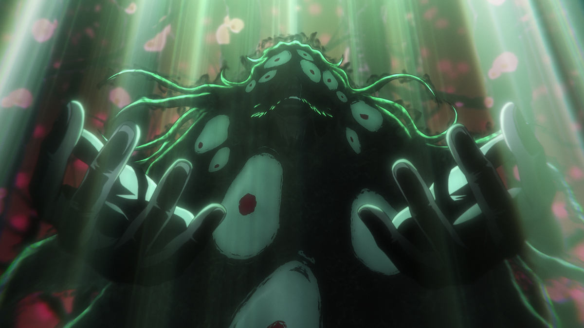 Yhwach envolto em energia e olhos sob iluminação verde na prévia do episódio 49 de Bleach