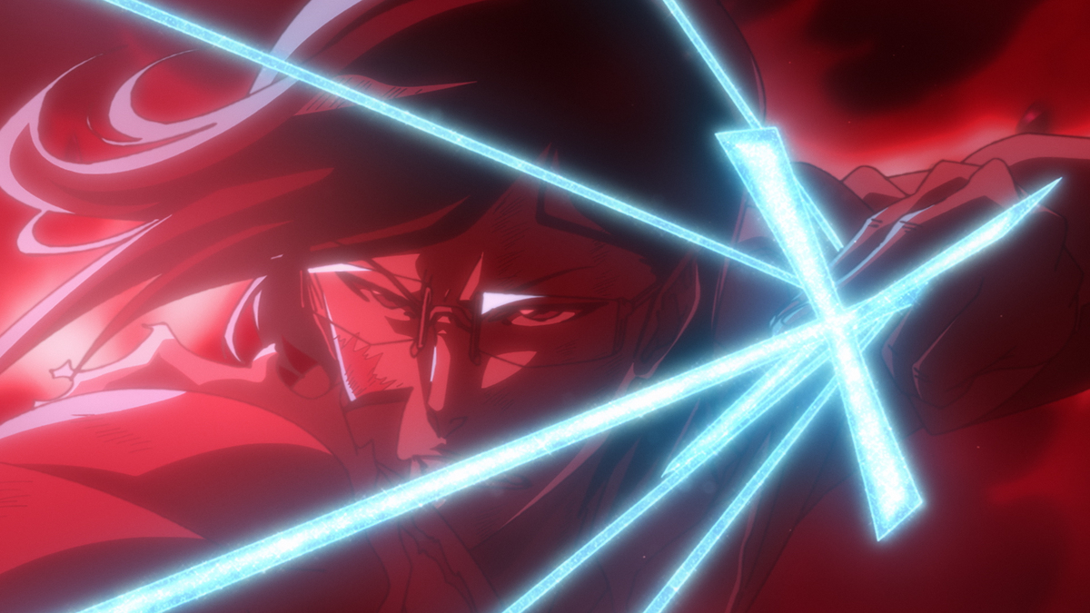 Uryu Ishida com óculos e um arco de energia azul diante de um fundo vermelho no episódio 49 de Bleach