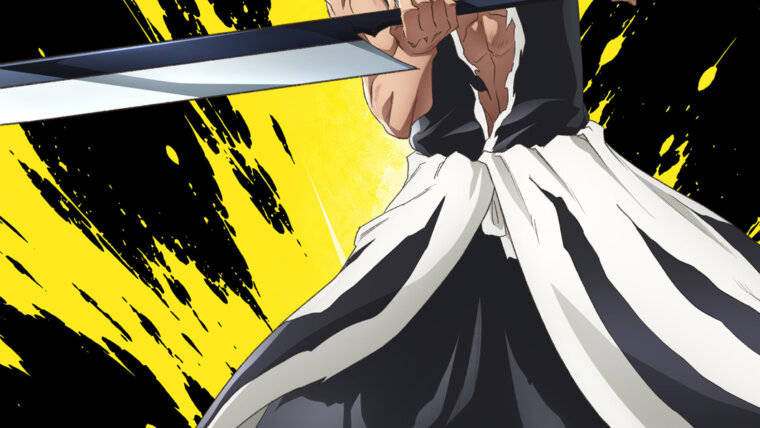 Ichigo Kurosaki segura a espada com as duas mãos diante de um fundo amarelo e preto no visual Final Battle de Bleach TYBW