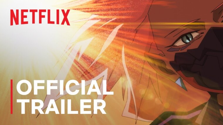 Close de personagem com marcas cibernéticas no rosto sob luz alaranjada na miniatura do trailer oficial de Cyberpunk: Edgerunners 2