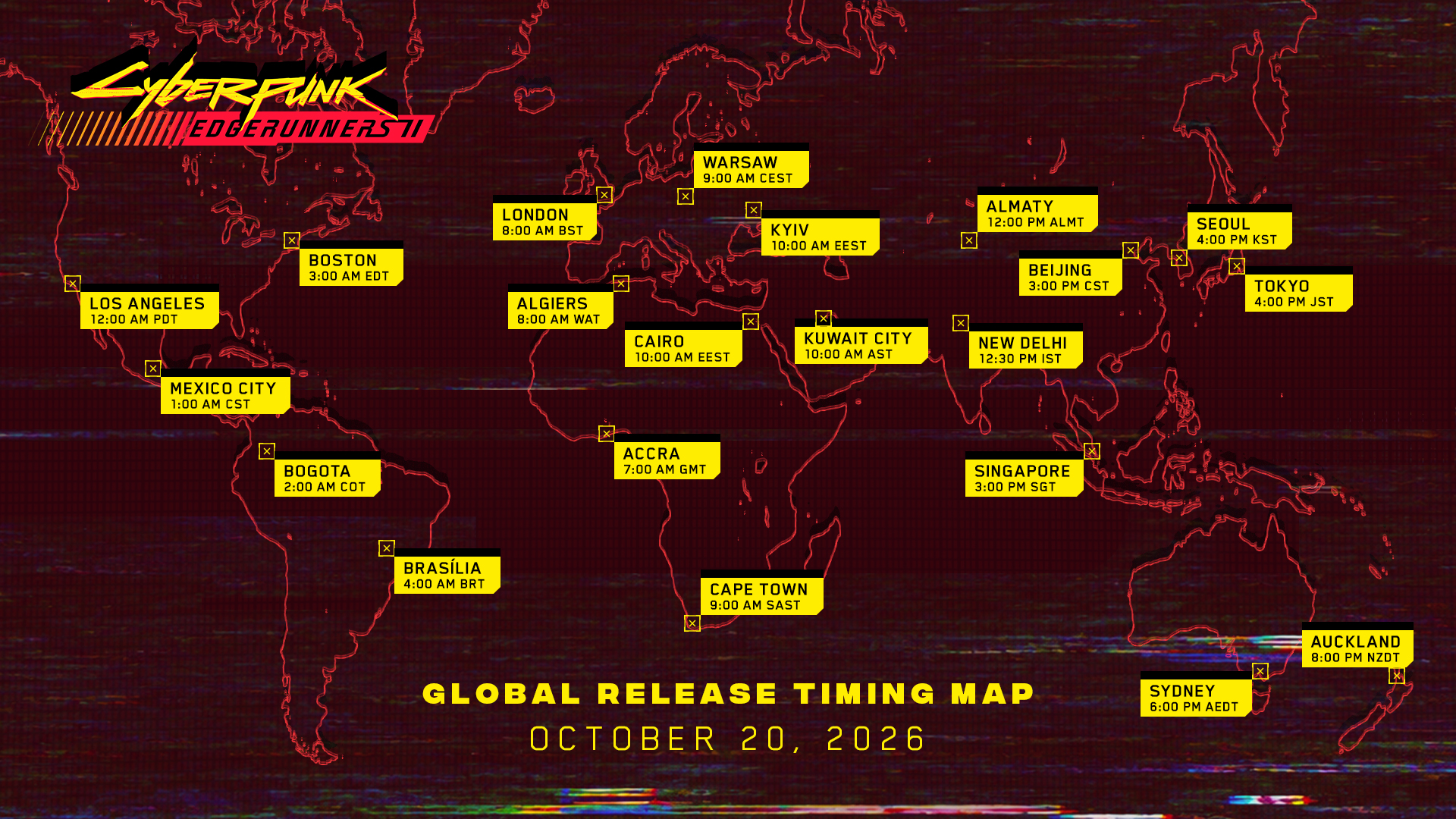 Mapa mundial de estreia de Cyberpunk: Edgerunners 2 com Brasília marcada para as 4h de 20 de outubro de 2026