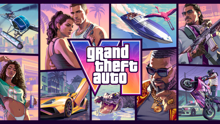 Arte de Grand Theft Auto VI com Jason, Lucia, personagens, veículos e o logotipo do jogo ao centro