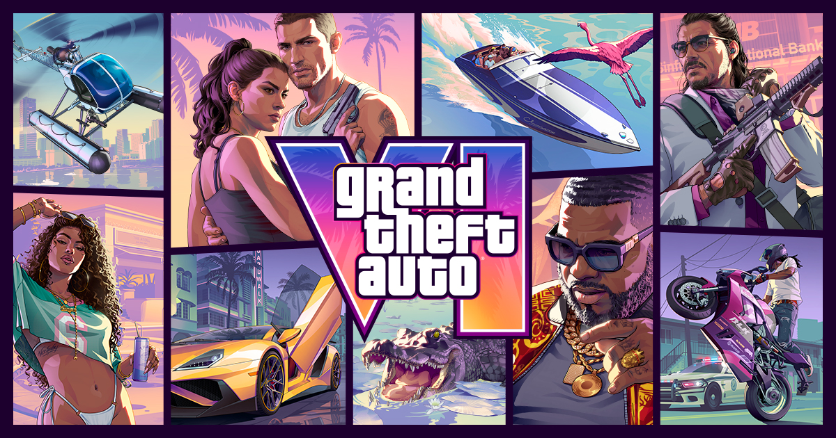 Arte de Grand Theft Auto VI com Jason, Lucia, personagens, veículos e o logotipo do jogo ao centro