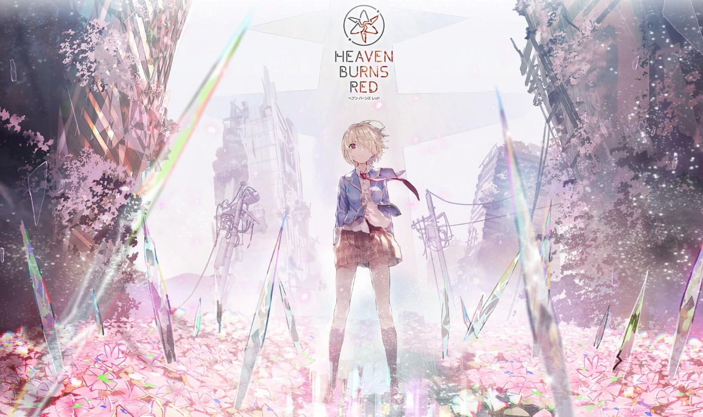 Arte de Heaven Burns Red com uma personagem de uniforme em meio a ruínas, flores rosadas e fragmentos luminosos