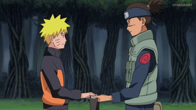Naruto Uzumaki e Iruka Umino conversando frente a frente em uma floresta