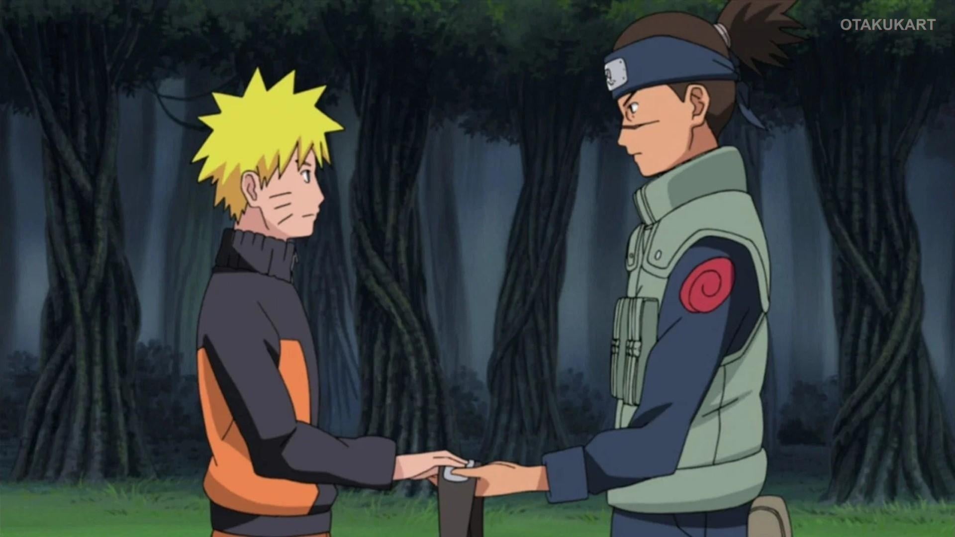 Naruto Uzumaki e Iruka Umino conversando frente a frente em uma floresta