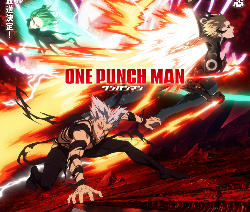 Visual do segundo cour da terceira temporada de One-Punch Man com Garou, Tatsumaki, Psykos, Saitama e outros heróis e monstros em combate