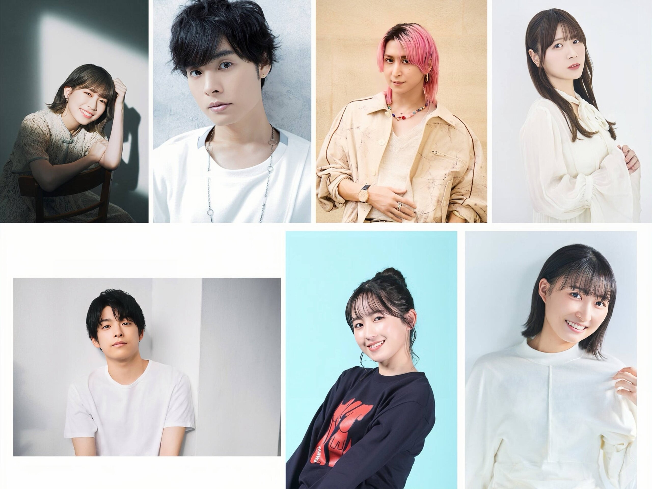 Montagem com os sete novos integrantes do elenco de Seibetsu Mona Lisa no Kimi e.