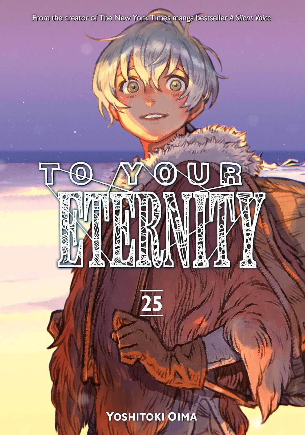 Capa do volume 25 de To Your Eternity, com Fushi de cabelos claros diante de um fundo roxo